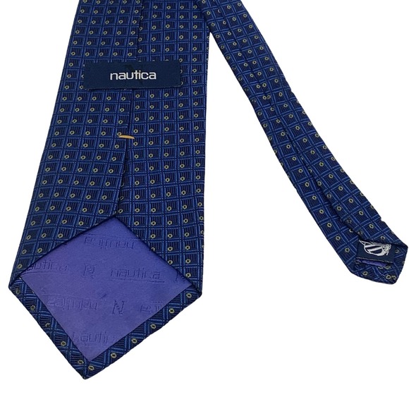 Nautica Men's Textured Necktie 2 Tone Navy Blue Squared Yellow Circles - Picture 2 of 4